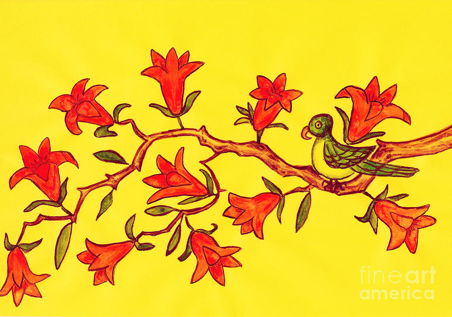 Bird on branch with orange flowers, painting Painting by Irina Afonskaya