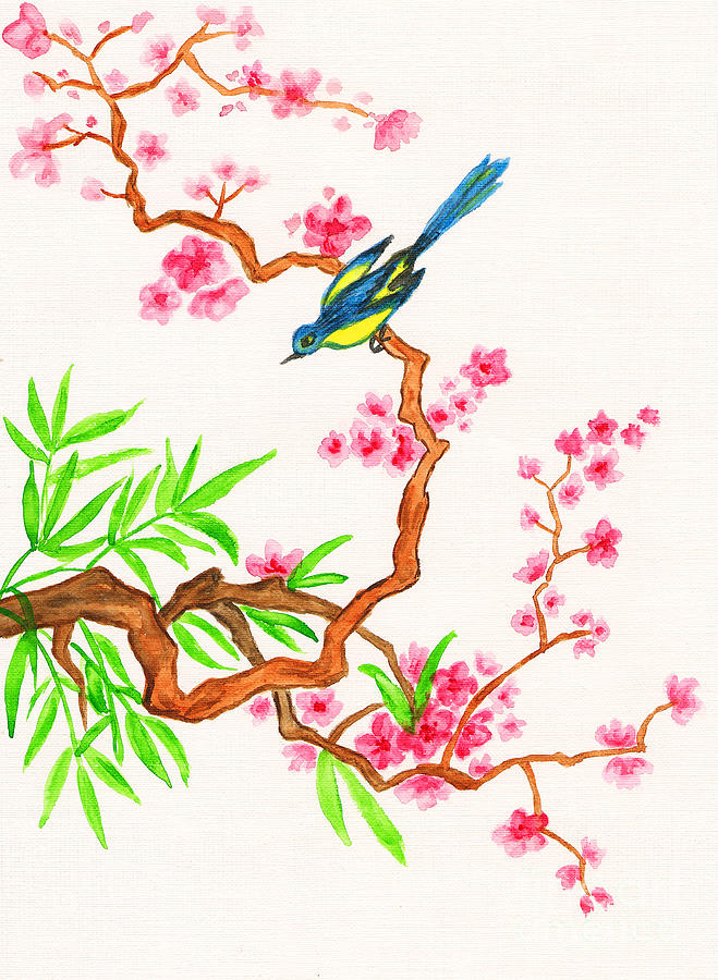 Bird on branch with pink flowers, painting Painting by Irina Afonskaya