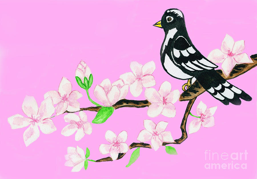 Bird on branch with white flowers on pink background Painting by Irina Afonskaya