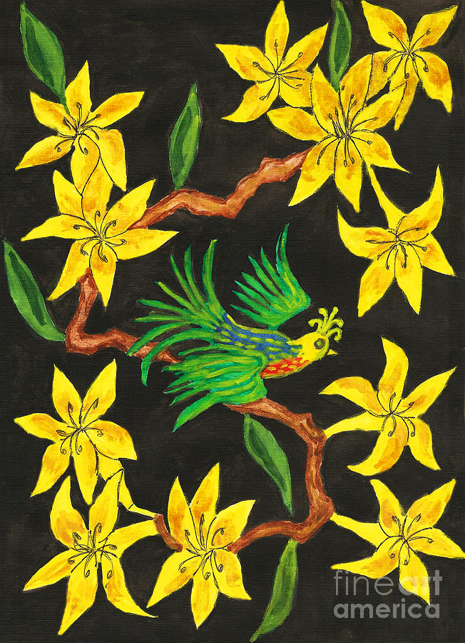 Bird on branch with yellow flowers, painting Painting by Irina Afonskaya
