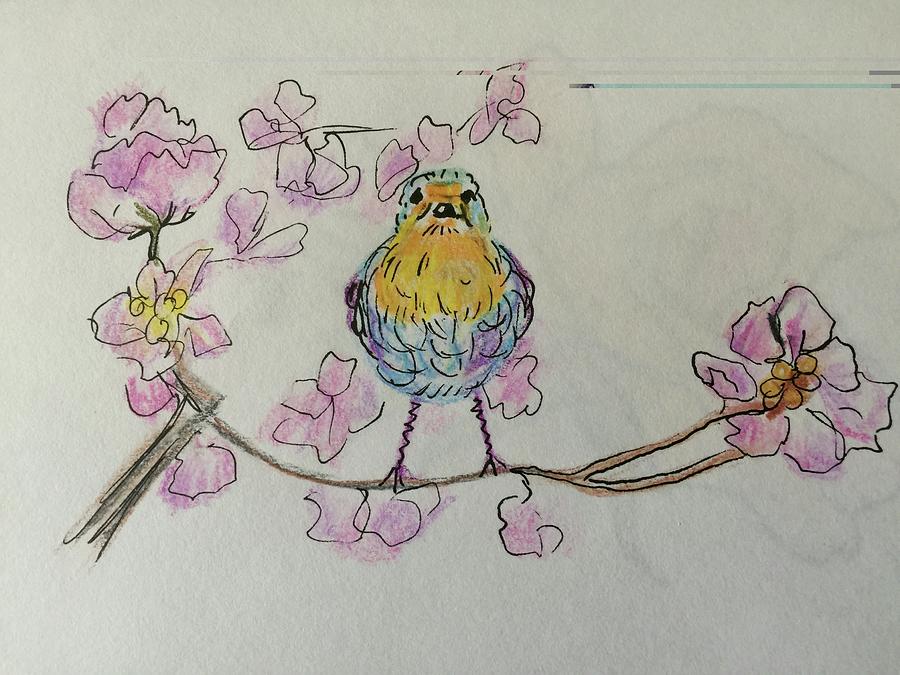Bird on Cherry Blossom Twig Mixed Media by Charme Curtin