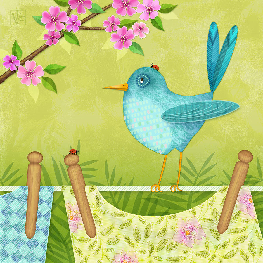 Spring Digital Art - Bird on Clothesline by Valerie Drake Lesiak