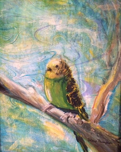 Bird on Green Marbling Painting by Denice Palanuk Wilson