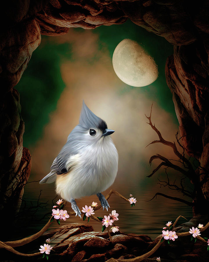 Bird - Titmouse in the moonlight Digital Art by John Junek