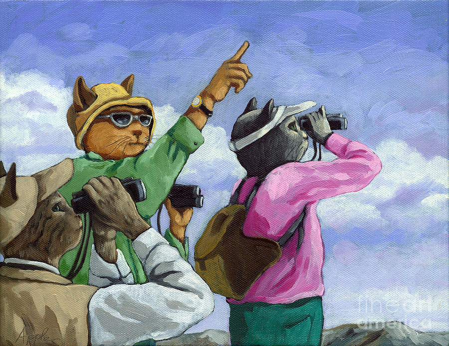 BIRD WATCHERS - fantasy cat oil painting Painting by Linda Apple