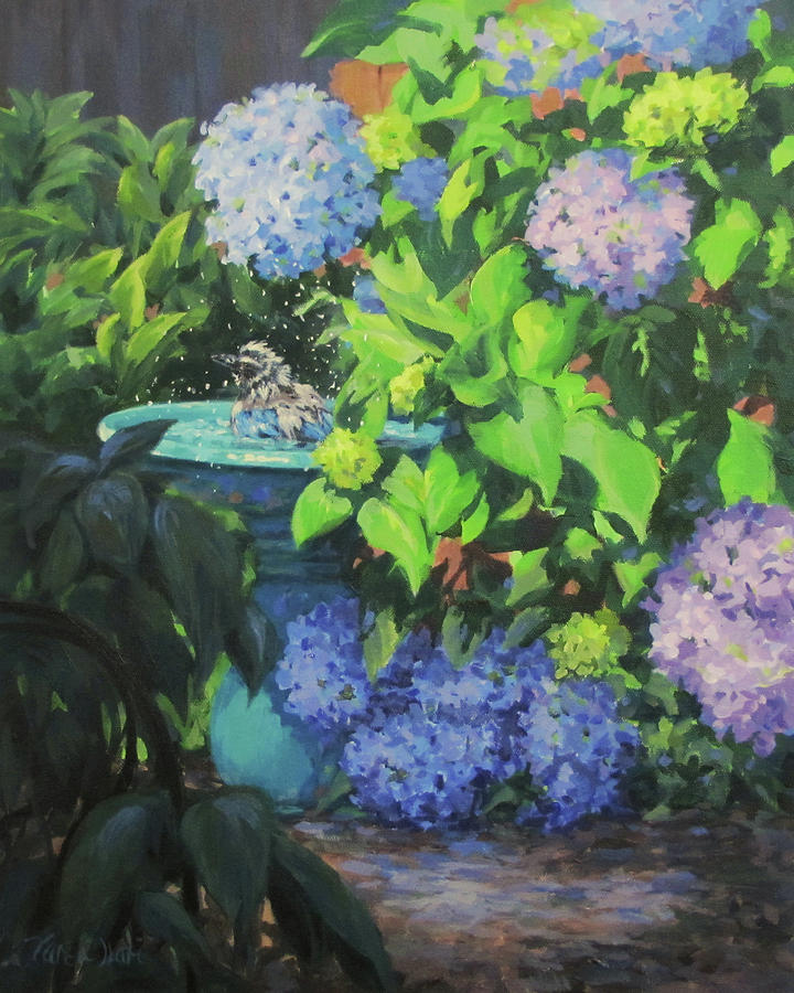 Birdbath and Blossoms Painting by Karen Ilari