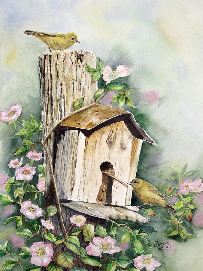 Rose Painting - Birdhouse Buddies by Patricia Pushaw