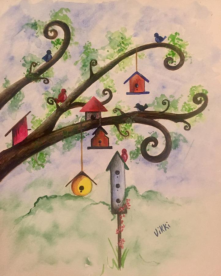 Birdhouses Painting by Vikki Angel