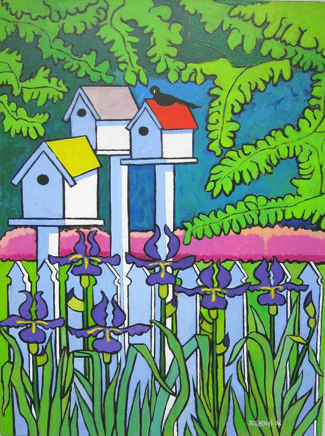 Flower Painting - Birdhouses with Irises by Nicholas Martori