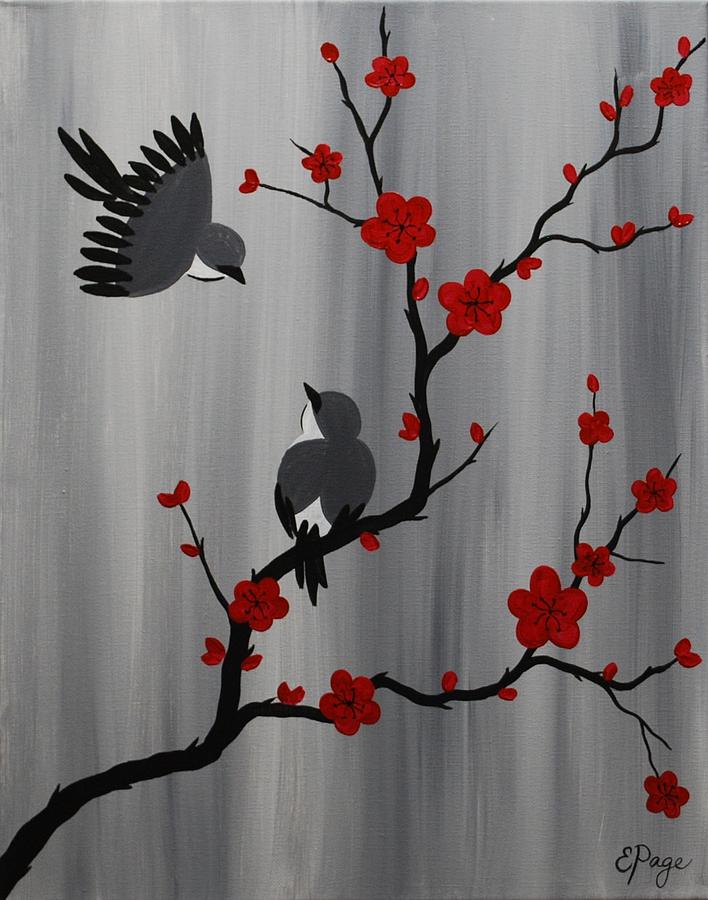 Birds and Blooms in Red Painting by Emily Page