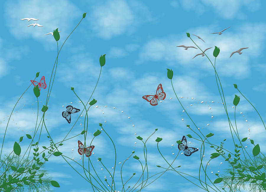 Bird Digital Art - Birds and Butterflies  by Evelyn Patrick