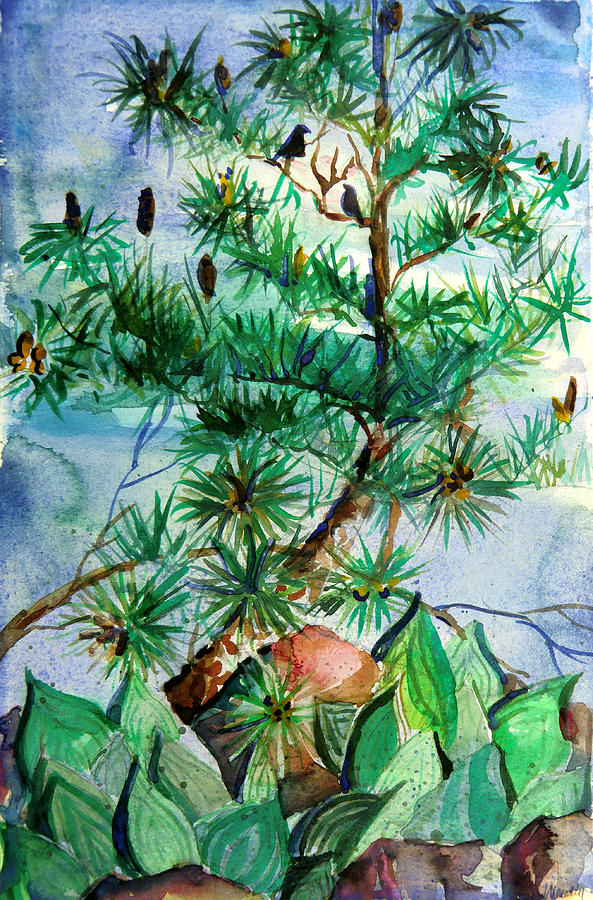 Birds and Pine Cones Painting by Mindy Newman
