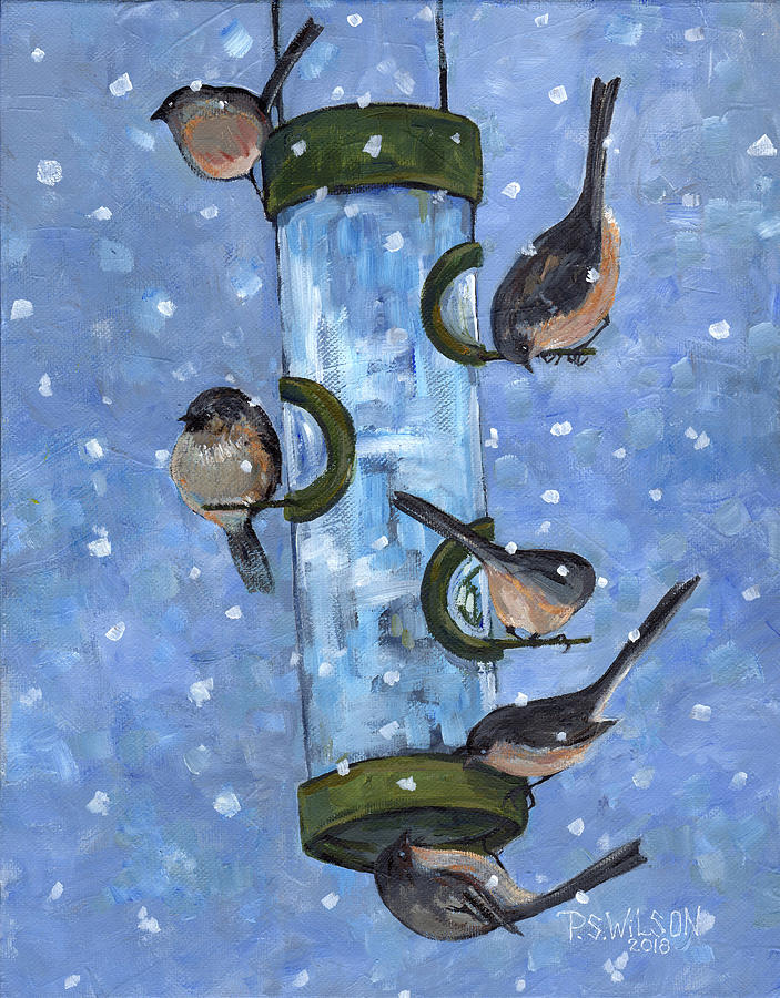 Birds at Feeder Painting by Peggy Wilson