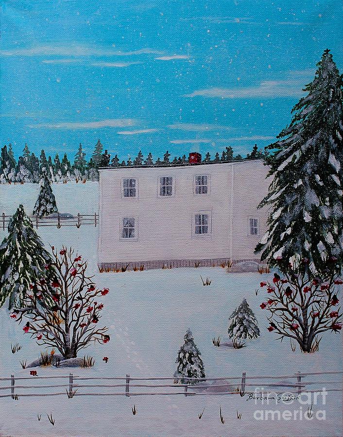 Birds Berries and November Snow Painting by Barbara A Griffin
