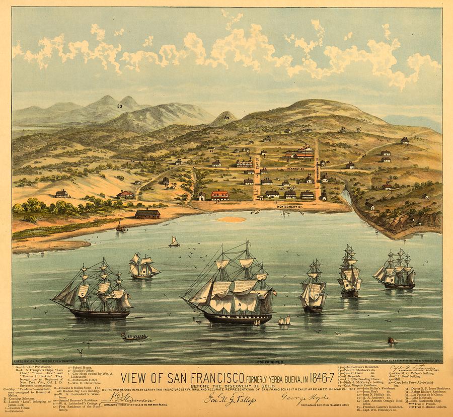 Birds Eye View Map of San Francisco 1846 Drawing by Mountain Dreams