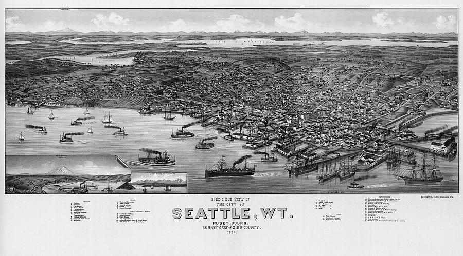 Birds eye view map of the city of Seattle, Photograph by Mark Kiver