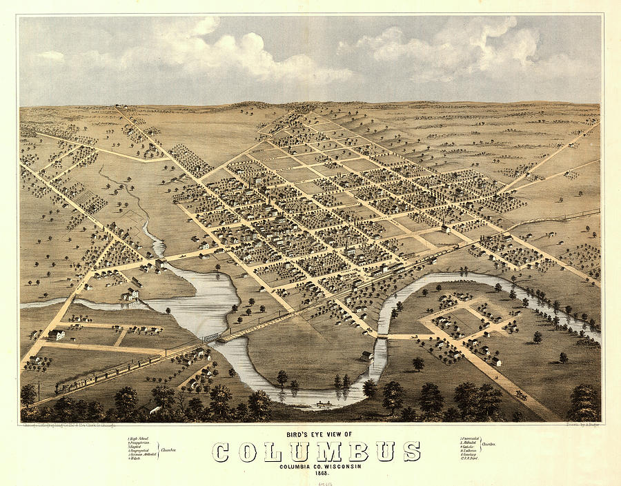 Bird's eye view of Columbus, Columbia Co., Wisconsin 1868 Painting by ...