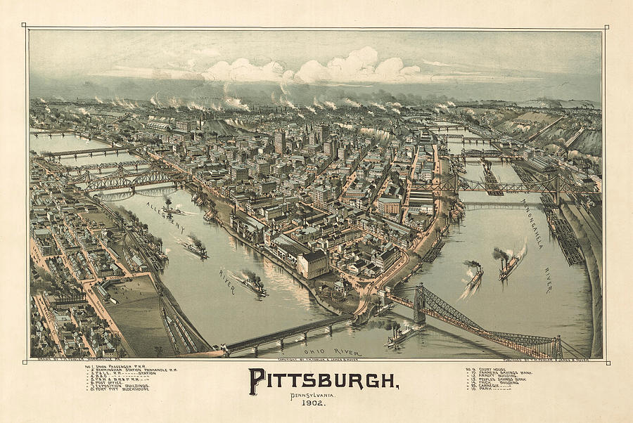Birds eye view of Pittsburgh Pennsylvania Drawing by Thaddeus Mortimer Fowler