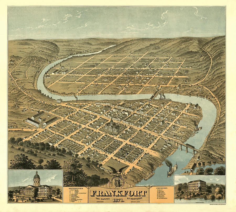 Birds eye view of the city of Frankfort the capital of Kentucky 1871 Drawing by Ehrgott and Krebs