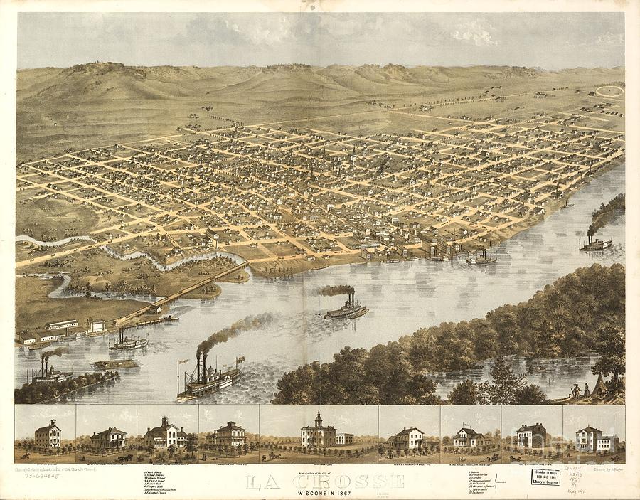 Birds eye view of the city of La Crosse Wisconsin 1867 Painting by Celestial Images