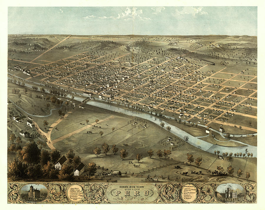 Map Painting - Birds eye view of the city of Peru, Miami Co., Indiana 1868 by Ruger