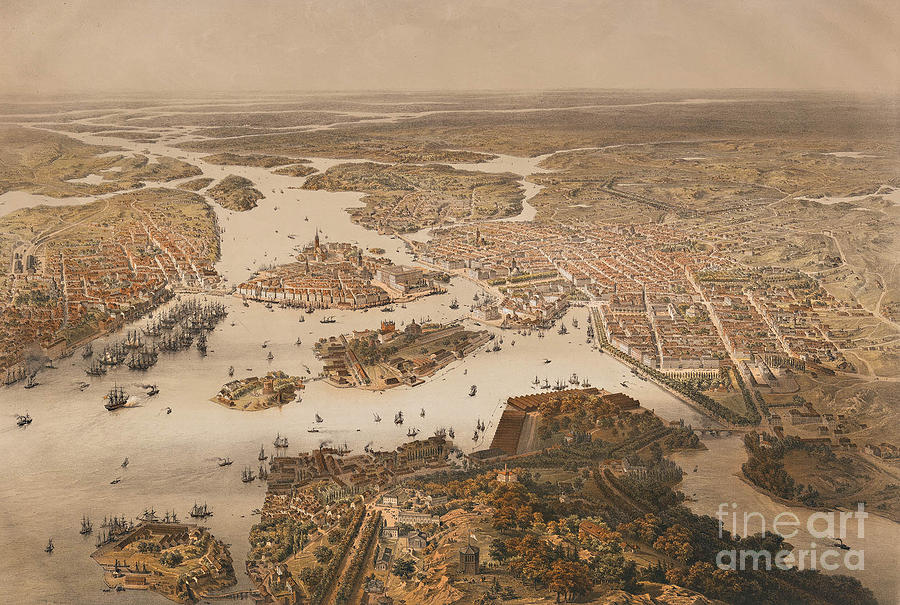 Birds eyeview Map of Stockholm panorama 1868 Painting by MotionAge Designs