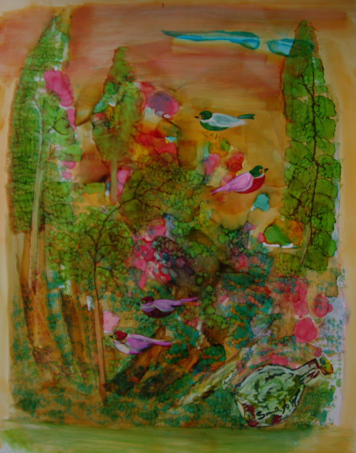 Birds in exotic landscape # 57 Painting by Sima Amid Wewetzer