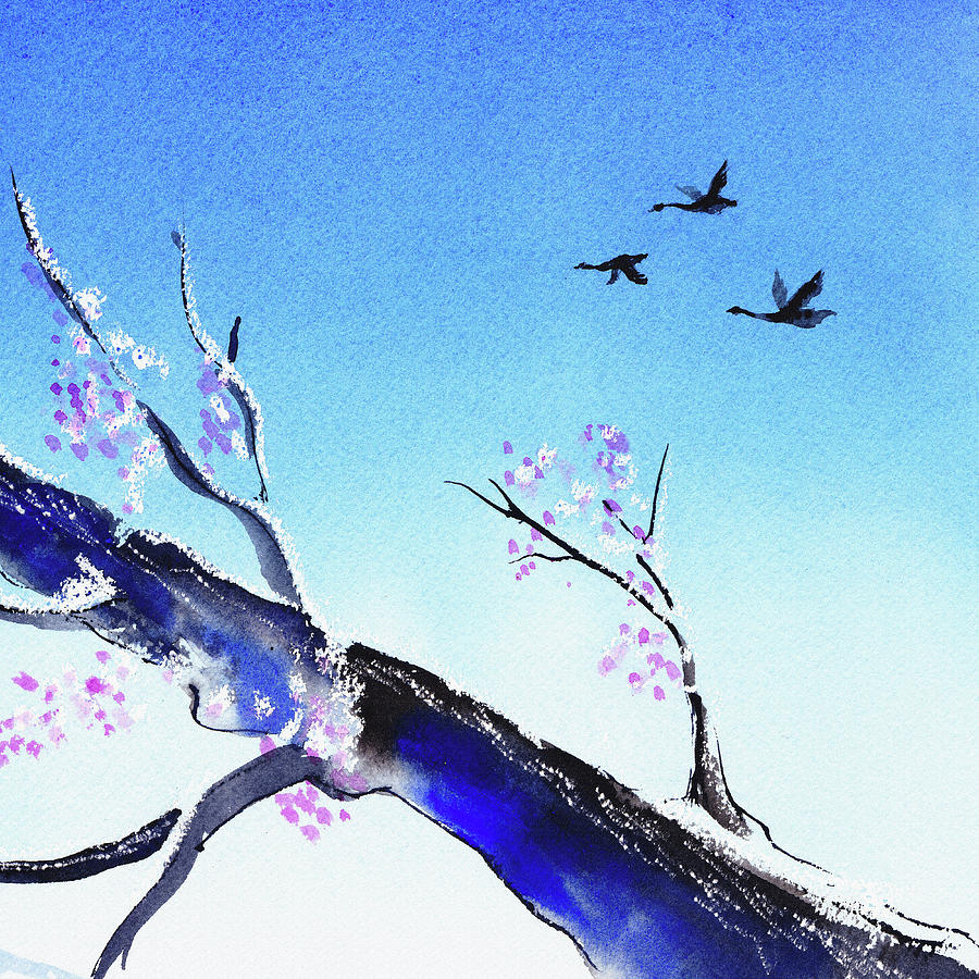 Birds In The Blue Sky Watercolor Painting