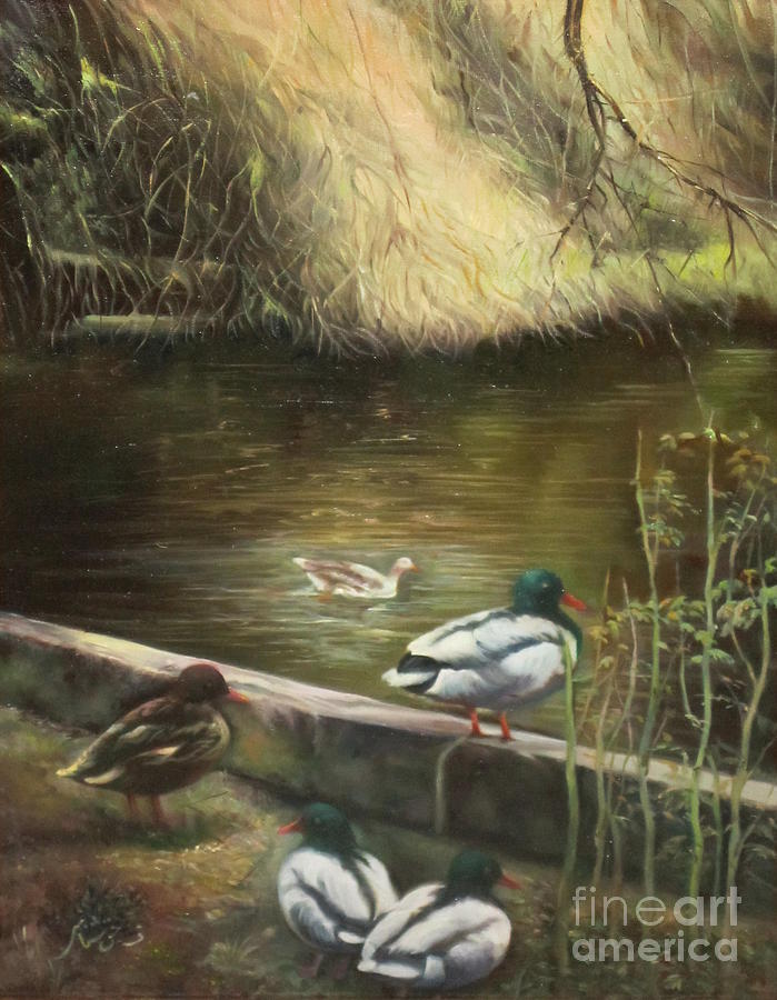 Nature Painting - Birds in the Park by Farideh Haghshenas