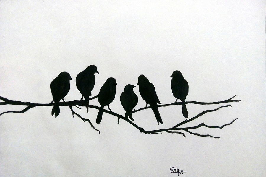 Birds On A Branch Painting by Silpa Saseendran