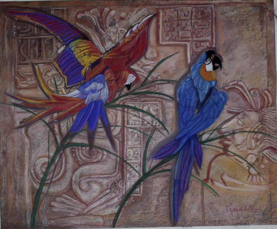Reds Painting - Birds On A Mayan Wall by Pamela Mccabe