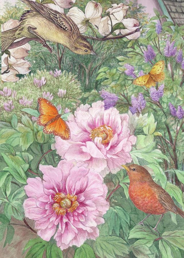 Birds Peony Garden Illustration Painting by Judith Cheng