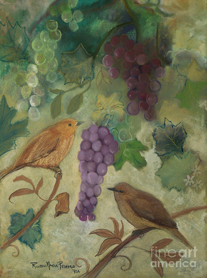 Grape Pastel - Birds with Grapes  by Robin Pedrero
