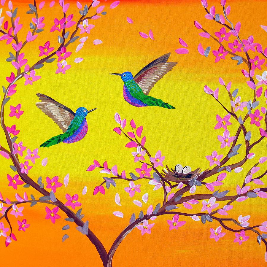 Hummingbird Painting - Birds with Nest by Cathy Jacobs