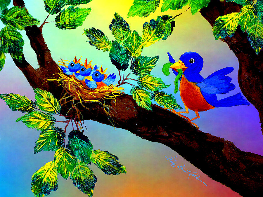 Bluebird Painting - Birdy Baby Breakfast by Hanne Lore Koehler