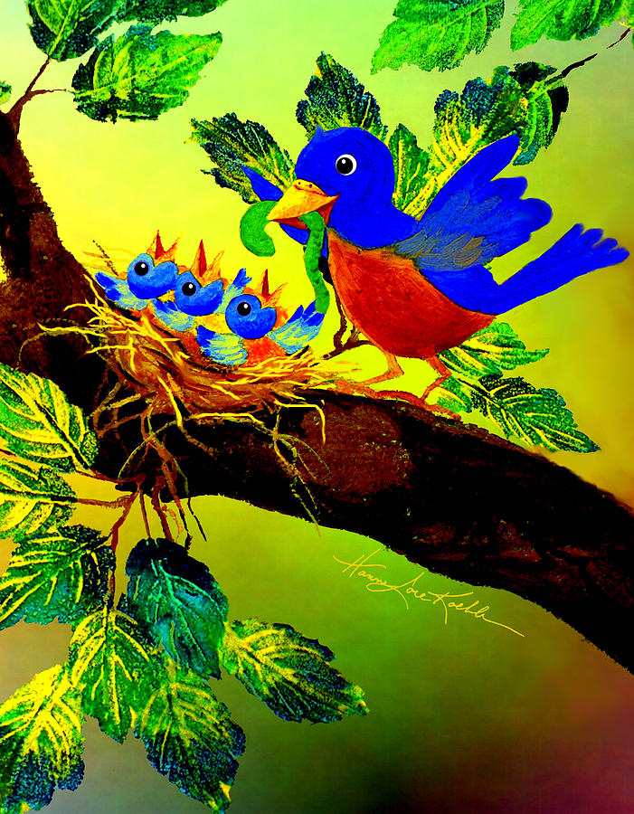Bluebird Painting - Birdy Baby Breakfast Time by Hanne Lore Koehler