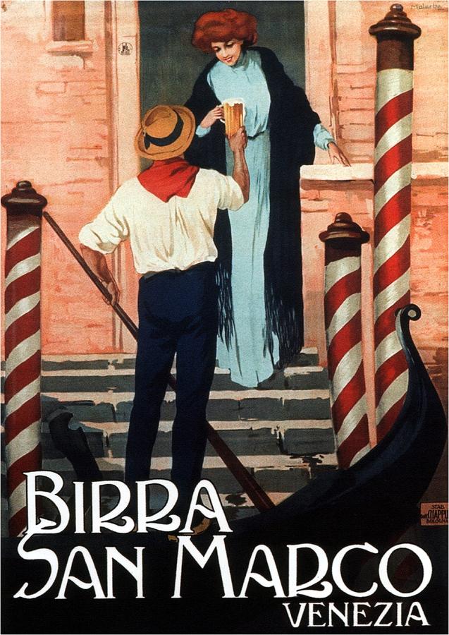 Birra San Marco, Venezia, Italy - Woman With Beer Glass - Retro travel Poster - Vintage Poster Mixed Media by Studio Grafiikka