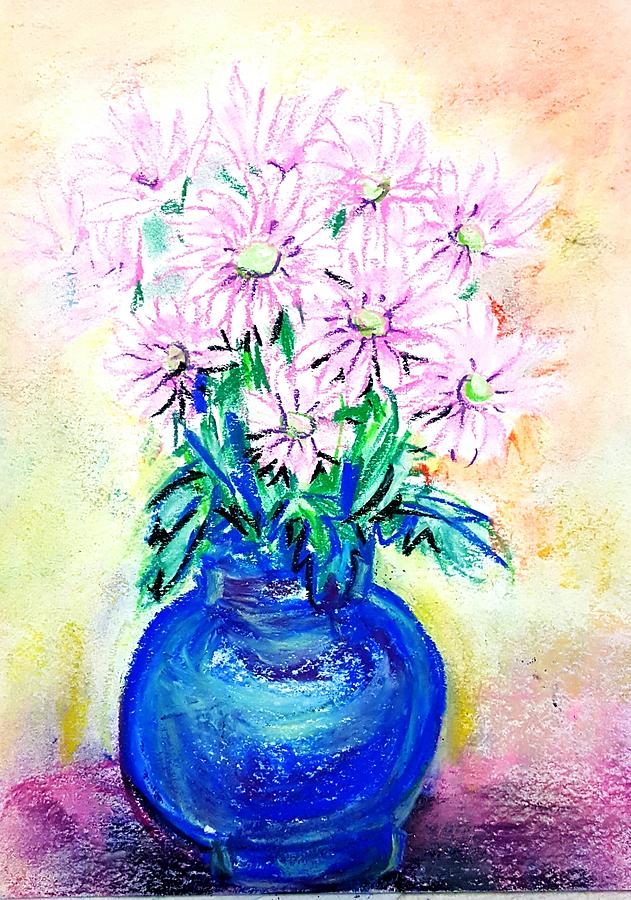 Birthday flowers in blue vase Drawing by Hae Kim