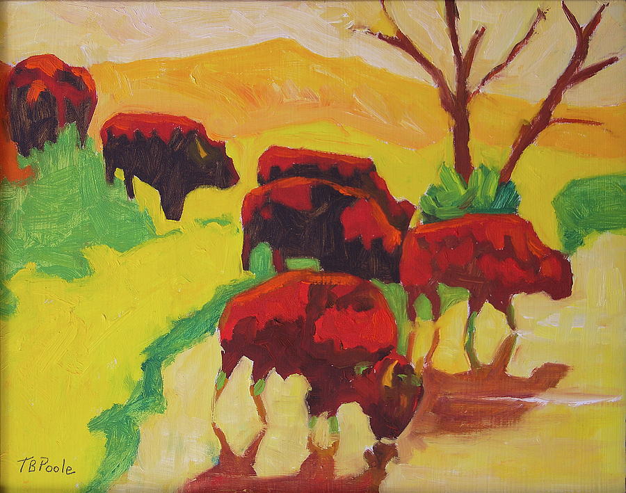 Bison Art Bison Crossing Stream Yellow Hill painting Bertram Poole Painting by Thomas Bertram POOLE