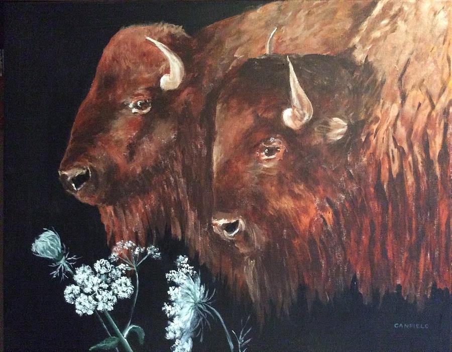 Bison in the field Painting by Ellen Canfield
