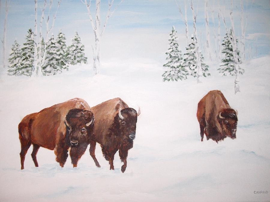 Bison In The Snow Painting by Ellen Canfield