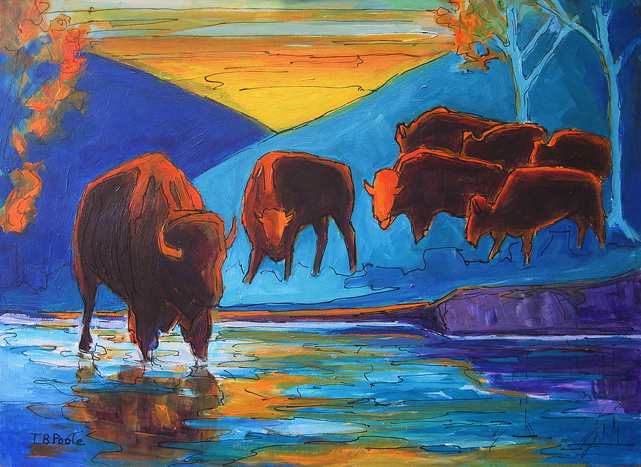 Bison Turquoise Hill Sunset acrylic and ink painting Bertram Poole xvi Painting by Thomas Bertram POOLE
