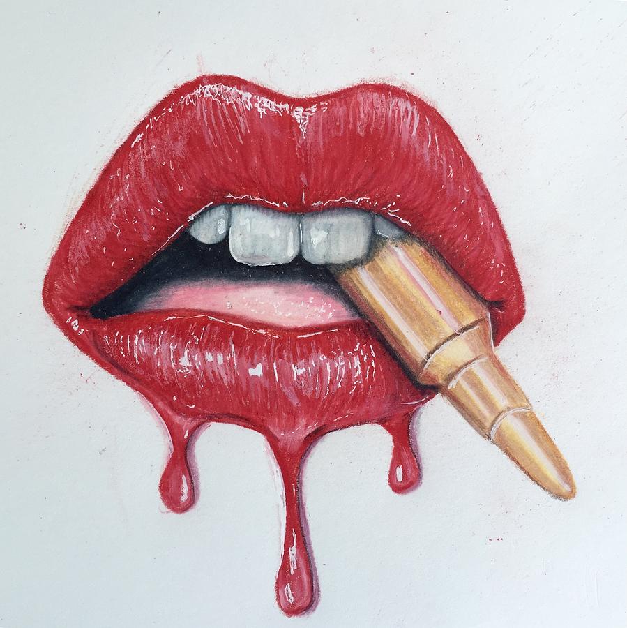 Lips Drawing - Bite the Bullet by Dominique Antoinette.