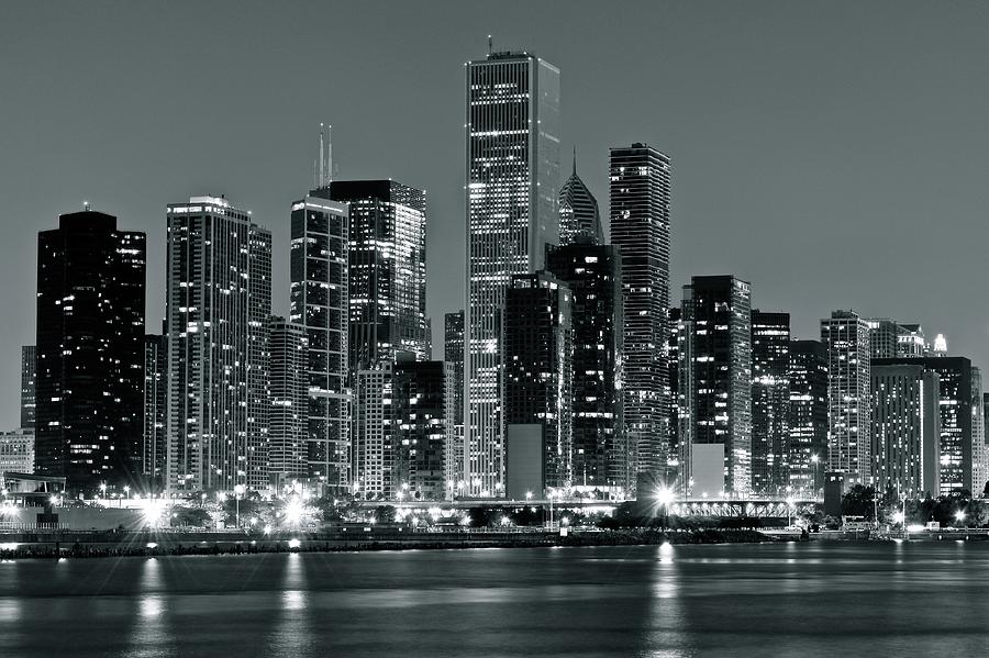 Black and White and Grey Chicago Night Photograph by Frozen in Time Fine Art Photography