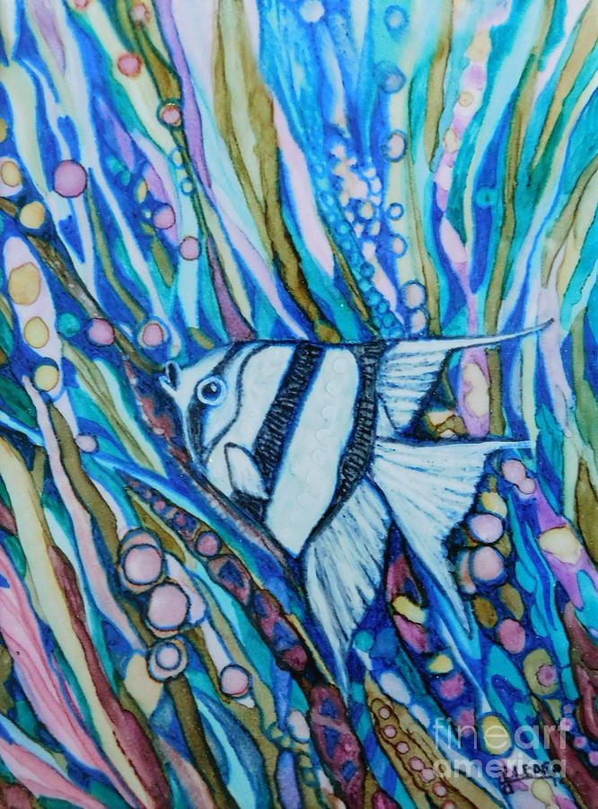 Black and White Angel Fish Painting by Joan Clear