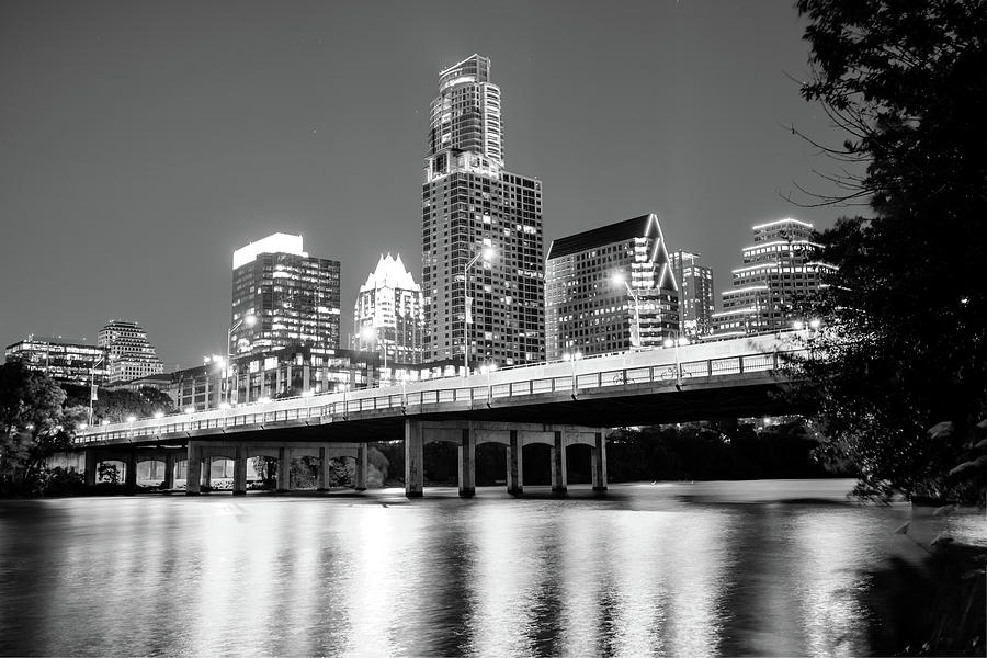 Austin Photograph - Black and White Austin Skyline on the River - Texas Capitol by Gregory Ballos