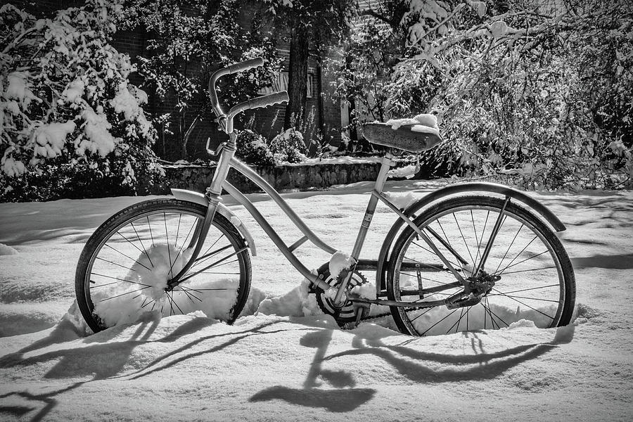 Black and White Bike in the Snow Photograph by Debra and Dave Vanderlaan
