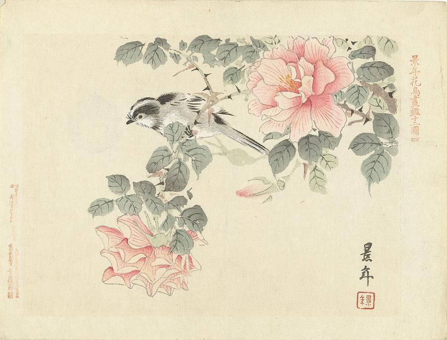 Black and white bird between pink roses Painting by  Imao Keinen