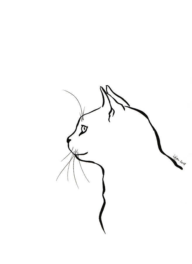 Black and white cat ink drawing Drawing by Karen Kaspar