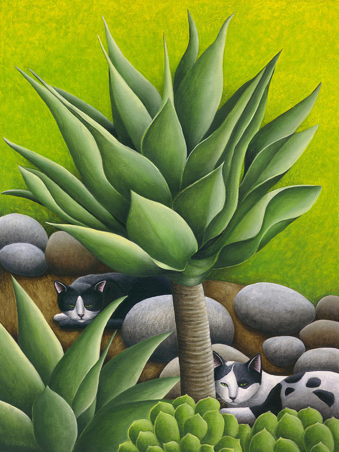 Agaves Painting - Black and White Cats with Agaves by Carol Wilson